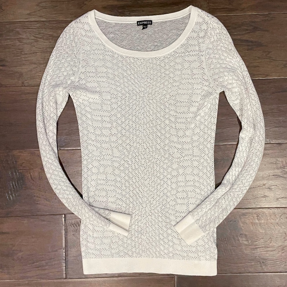 Express Lightweight White Gray Contrast Pointelle Sweater | Size XS